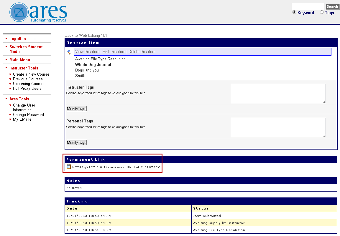 Ares web Reserve Item Permanent Link