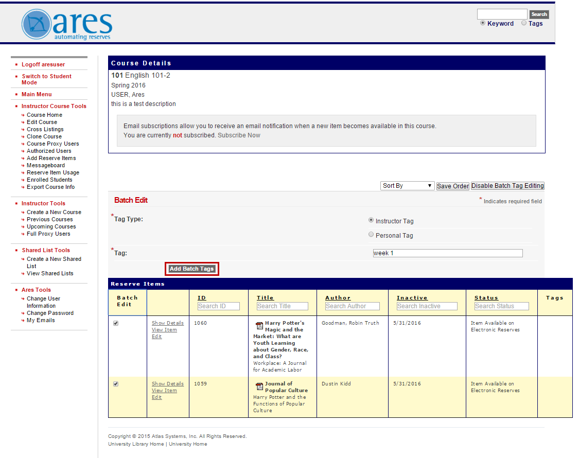 Course Details page with Batch Edit section for adding tags to multiple items