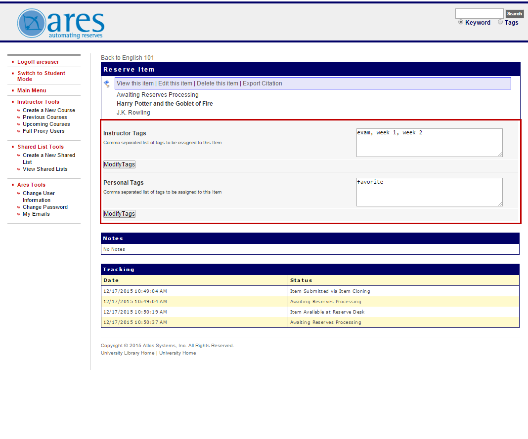 Reserve Item page with Instructor and Personal Tags fields