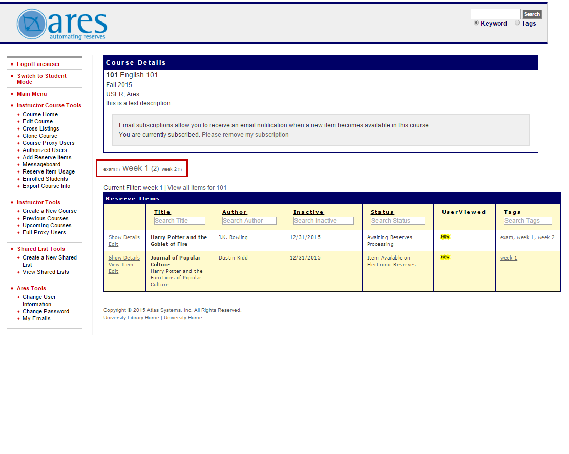 Course Details page with tags filter and Reserve Items grid