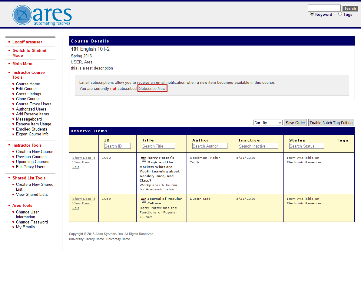 Course home page showing email subscription options for RSS feeds