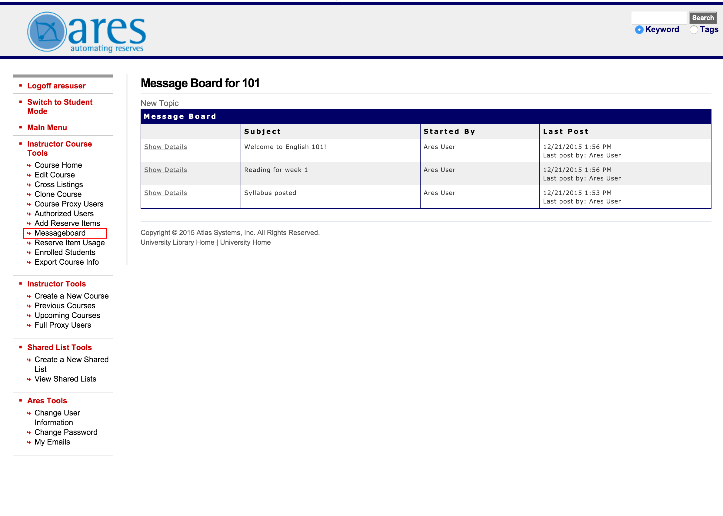 Message Board page showing course message board interface