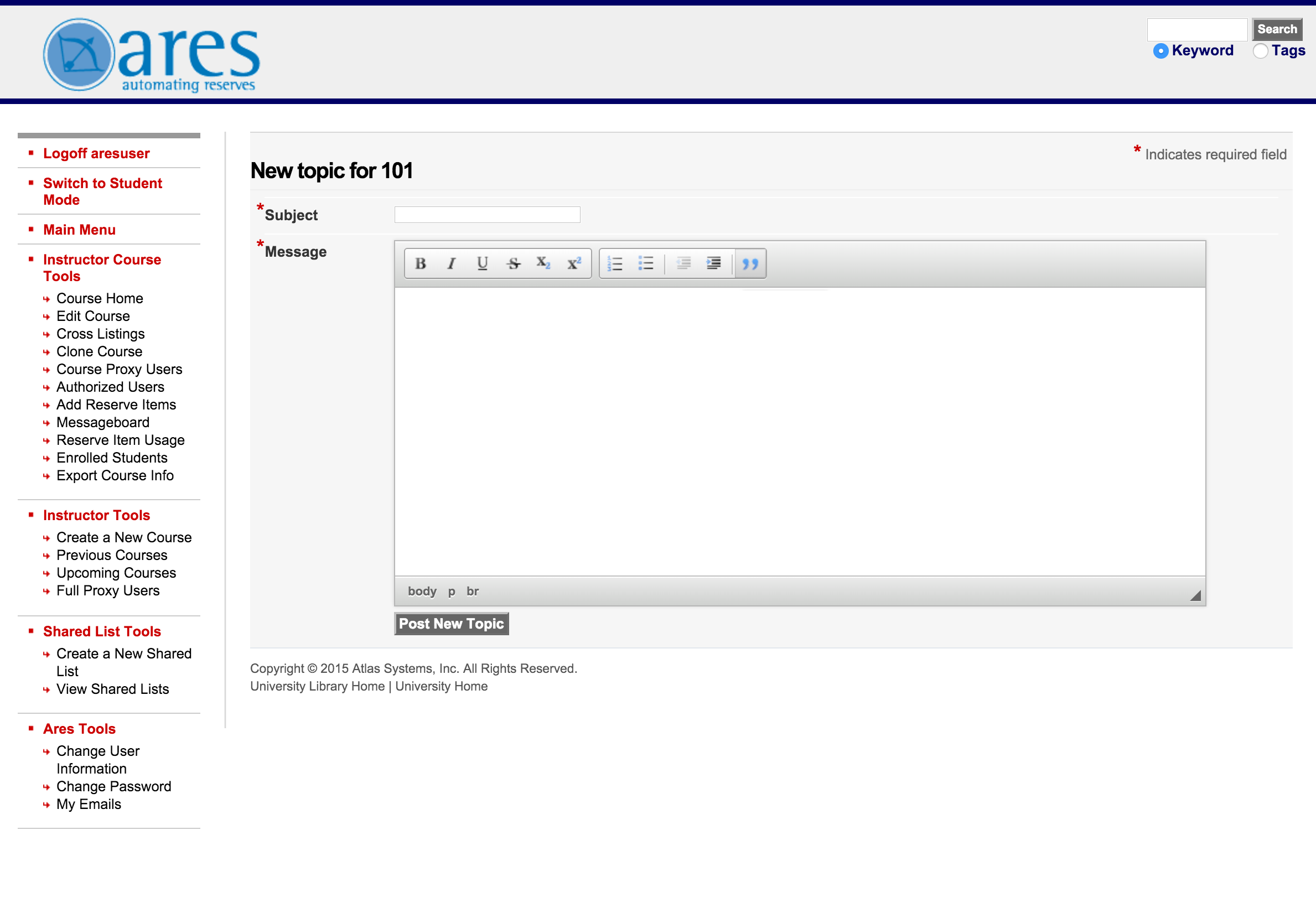 New Topic dialog for posting to the Message Board