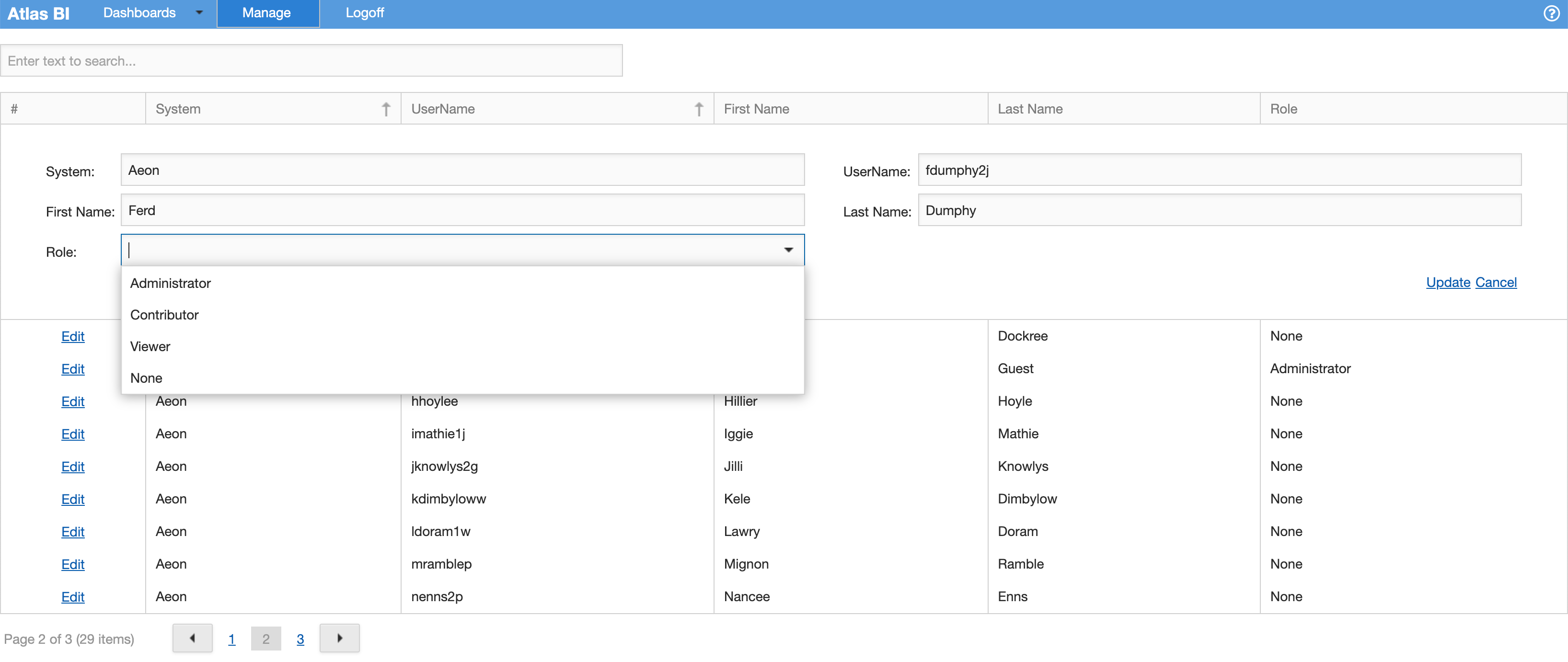 Atlas BI Manage page user list