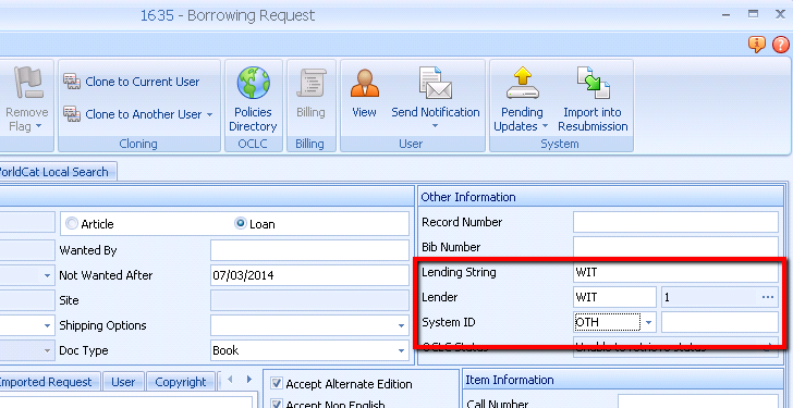 Borrowing Request - Lending String, Lender, and System ID fields