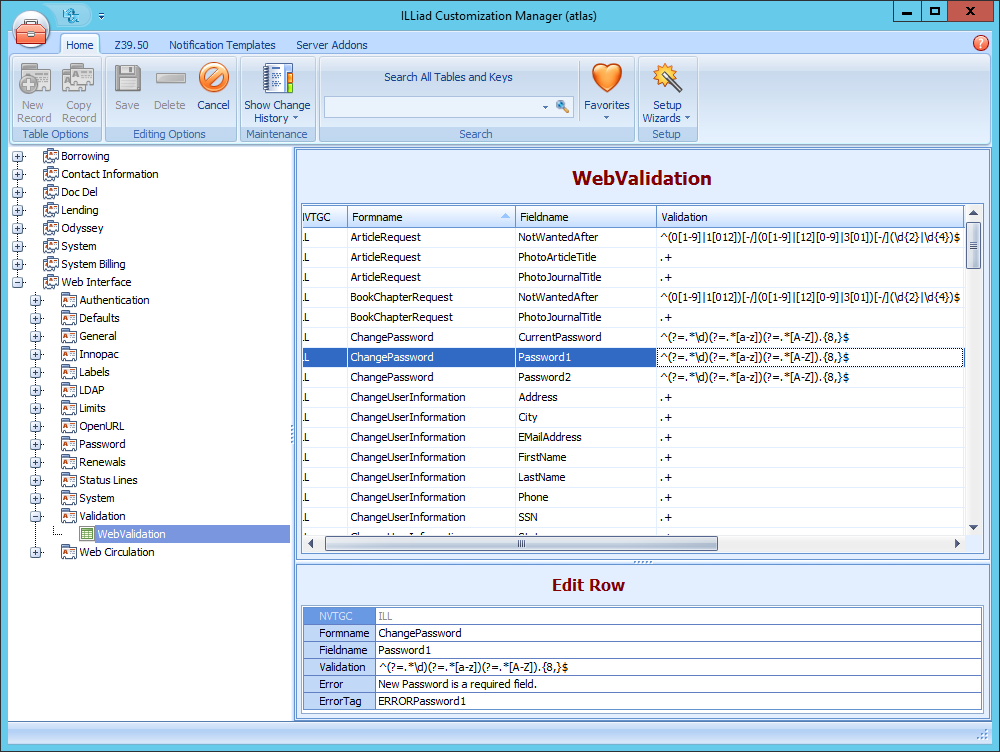 Customization Manager - WebValidation table with ChangePassword validation