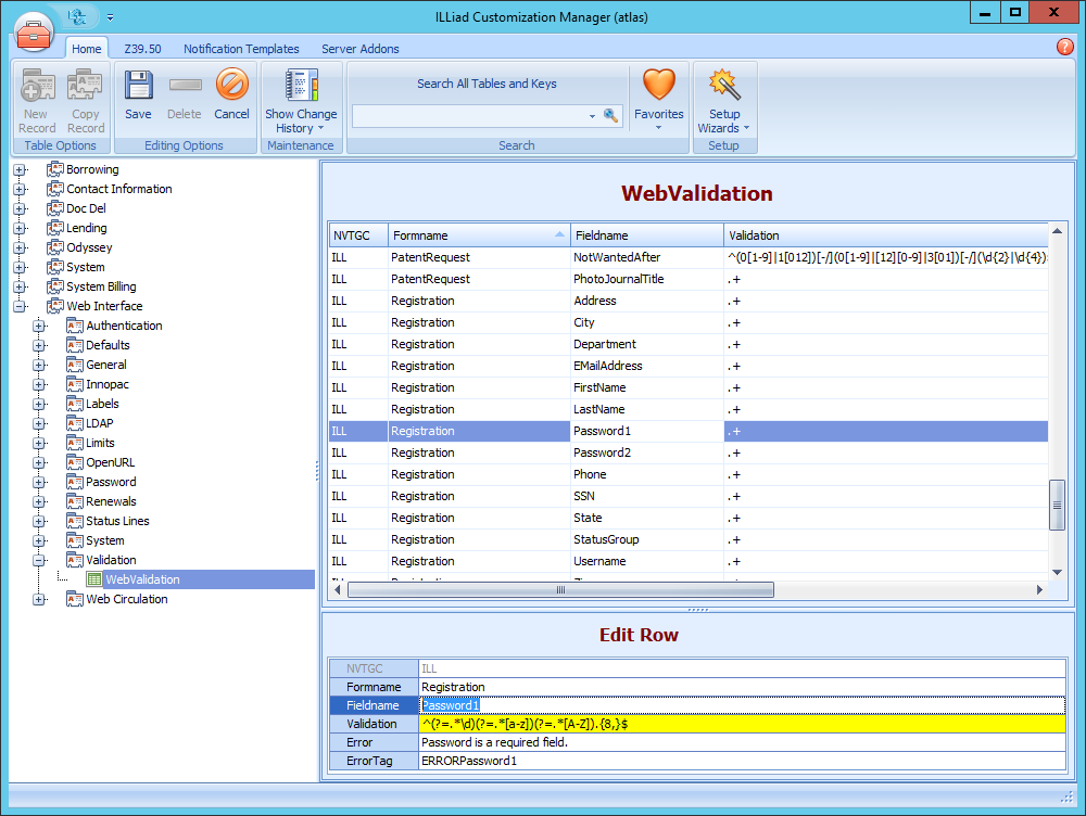 Customization Manager - WebValidation table with Password1 field selected