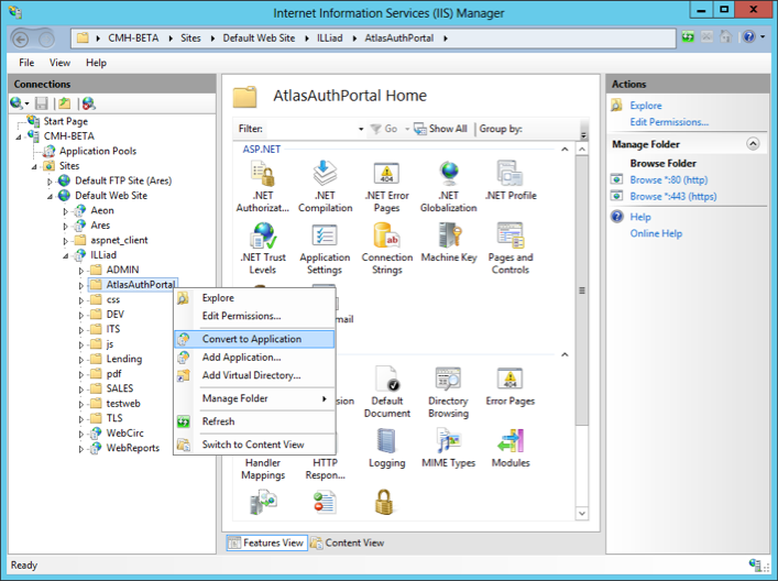 IIS Manager - AtlasAuthPortal Convert to Application