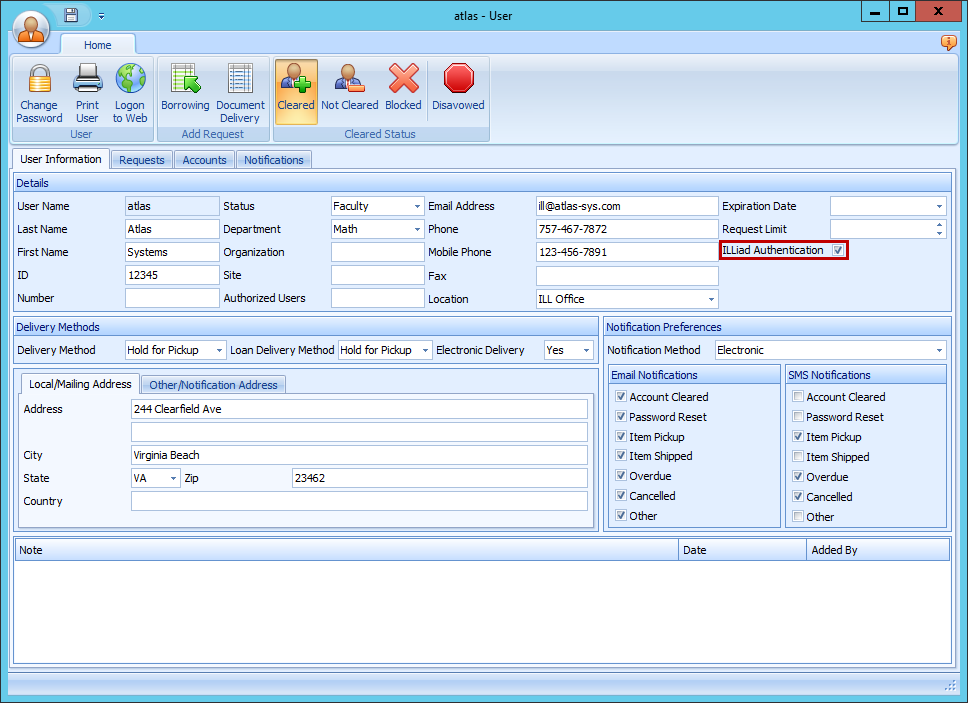 User form - ILLiad Authentication checkbox