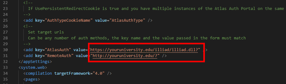 web.config - AtlasAuth and RemoteAuth URLs highlighted