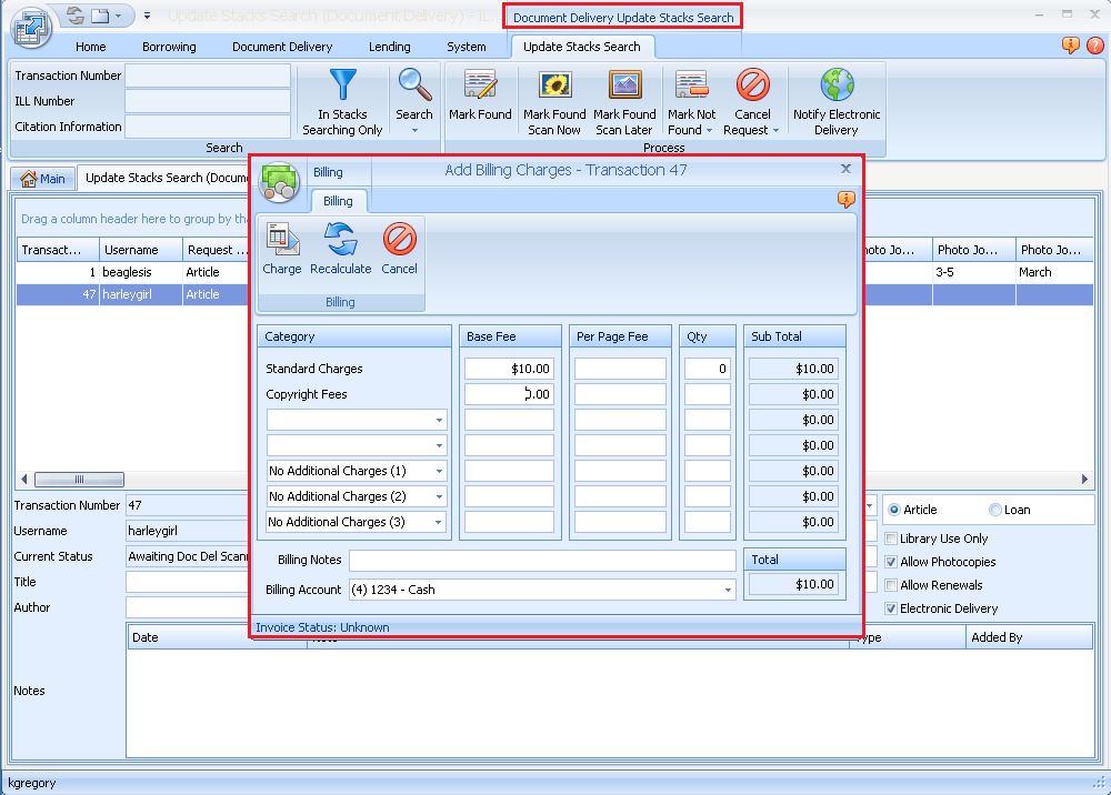 Add Billing Charges dialog in Document Delivery