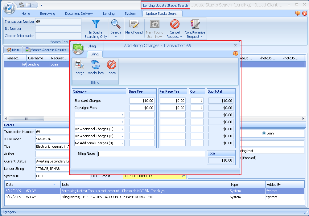 Add Billing Charges dialog in Lending