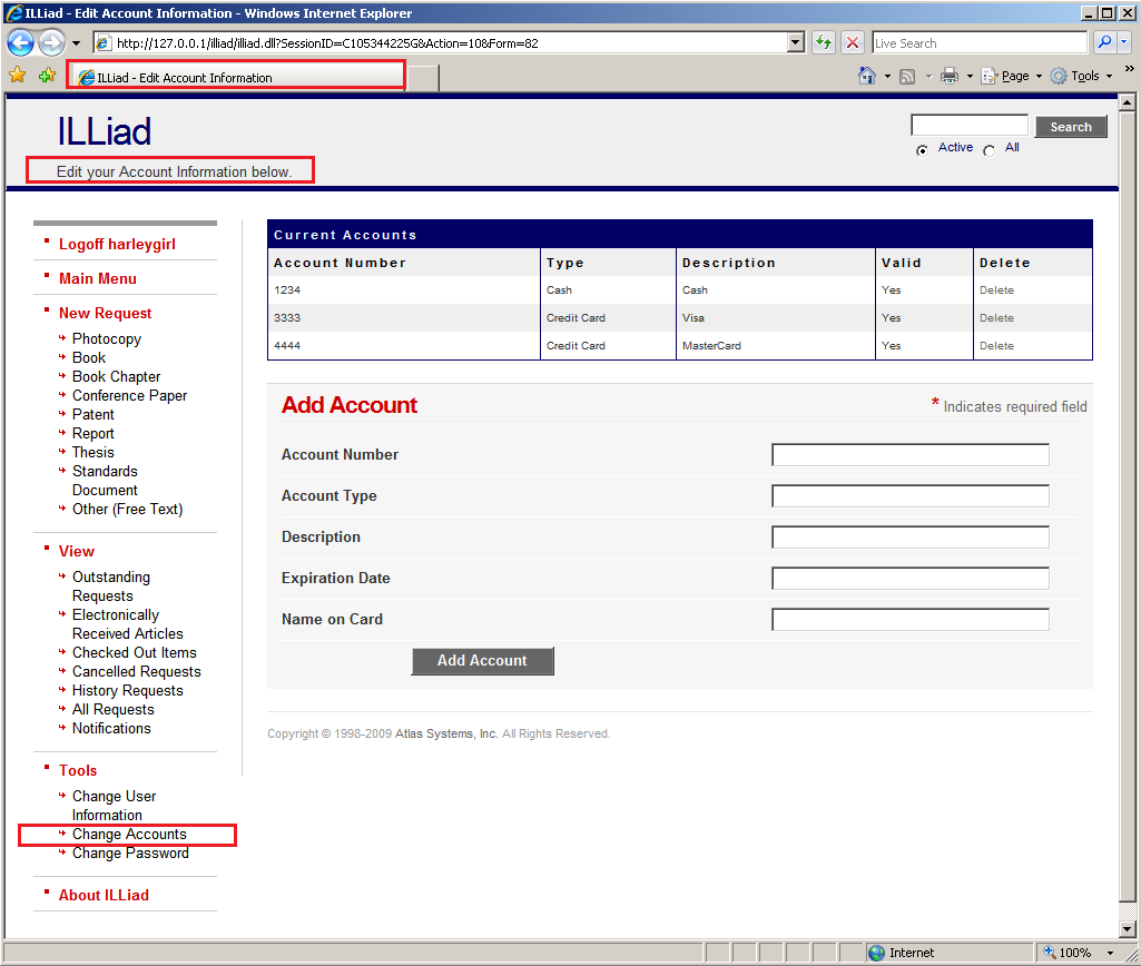 Web Account Information Page