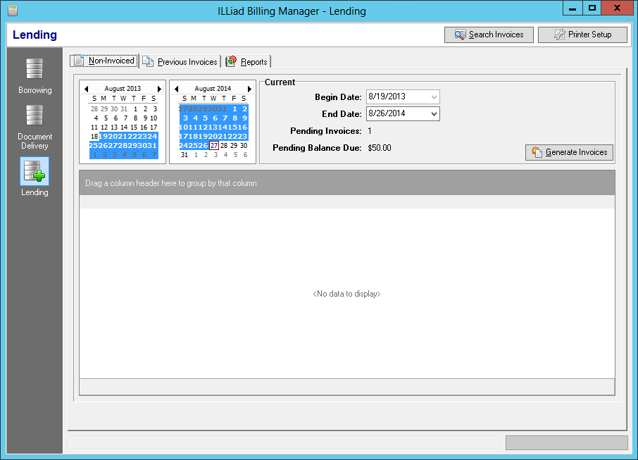 ILLiad Billing Manager - Lending module with Non-Invoiced tab showing date range and pending invoices