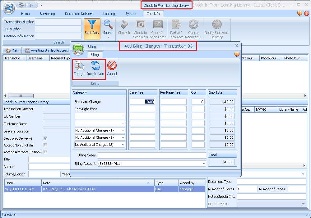 ILLiad Client - Check In From Lending Library screen with Add Billing Charges form