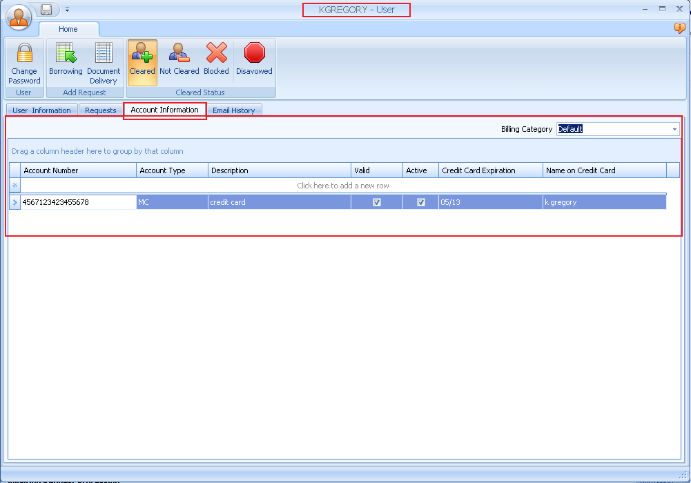 ILLiad Client - User form with Account Information tab selected