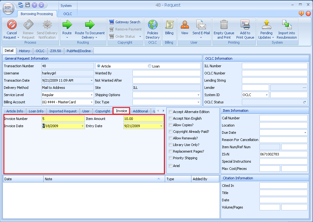 ILLiad Request Form - Invoice tab with invoice fields highlighted