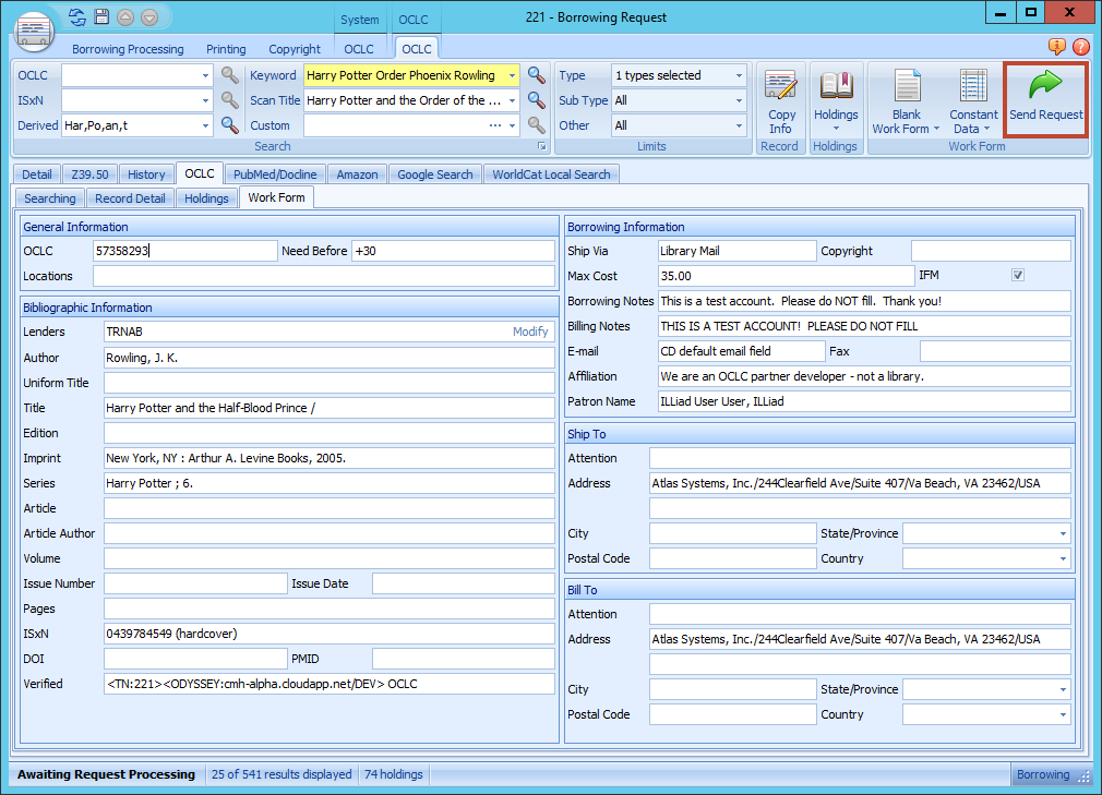 Borrowing Request - Work Form tab with Send Request button highlighted