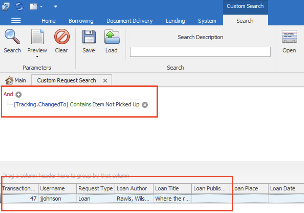 Custom Request Search - Query for Item Not Picked Up tracking entries