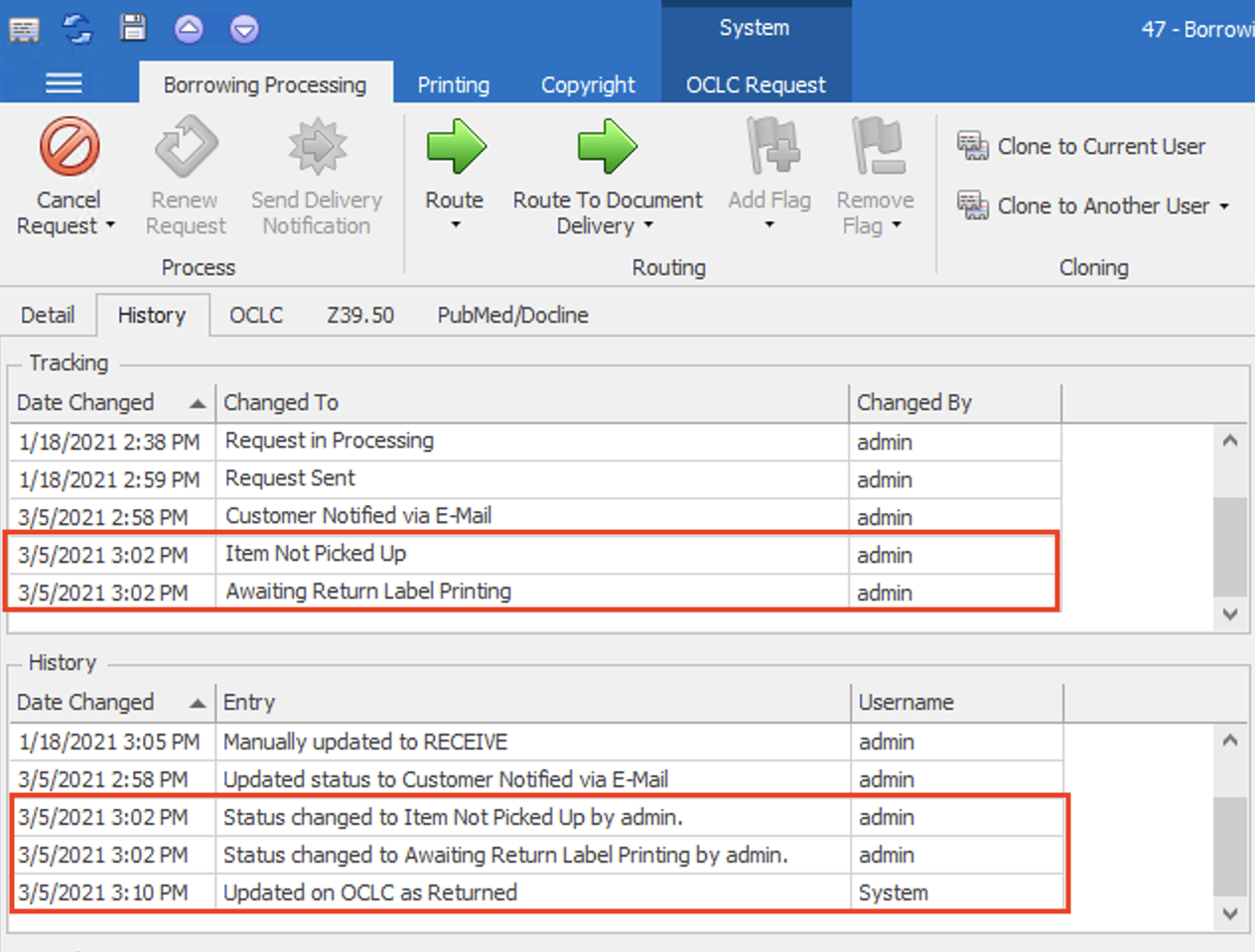 History tab - Tracking entries showing Item Not Picked Up status