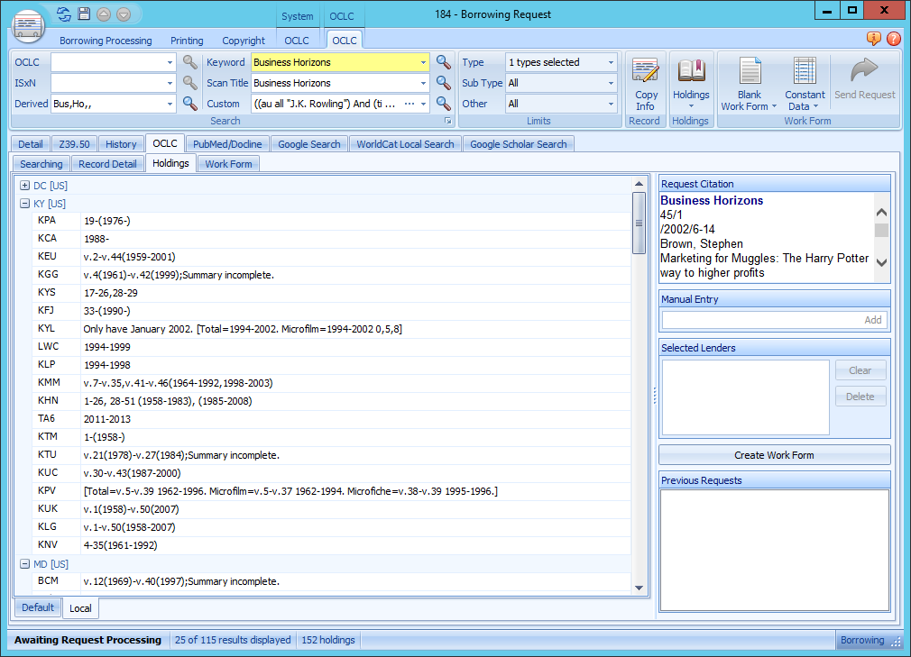 Holdings tab - Article holdings with volume and date information