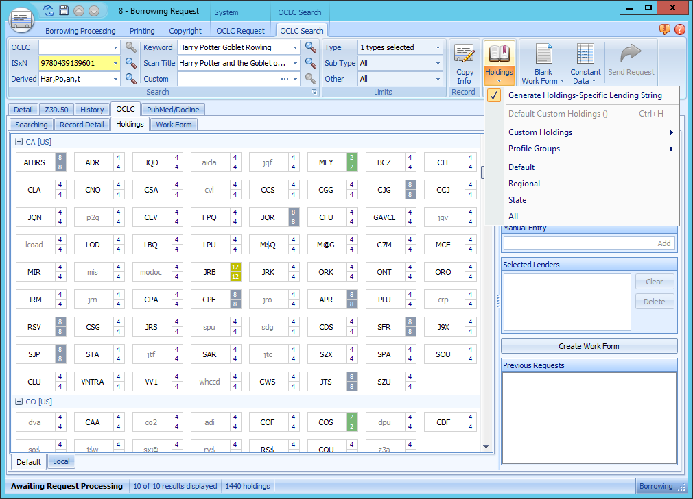 Holdings tab - Holdings dropdown menu with viewing options
