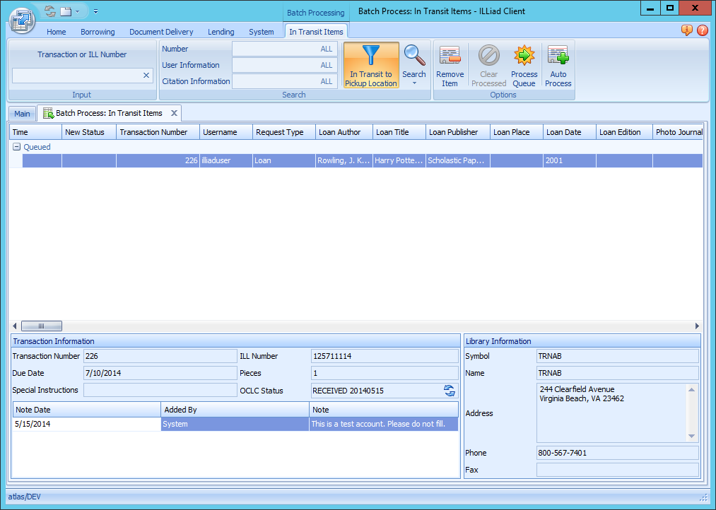 ILLiad Client - Batch Process In Transit Items form with queued item