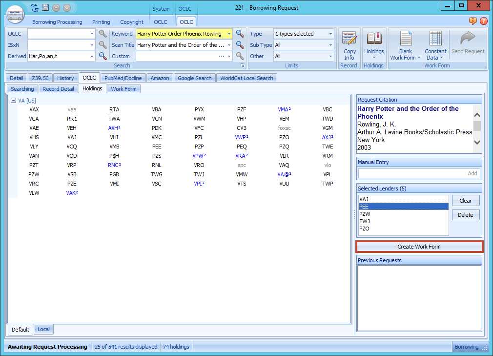 ILLiad Borrowing Request - Holdings tab with Selected Lenders and Create Work Form button