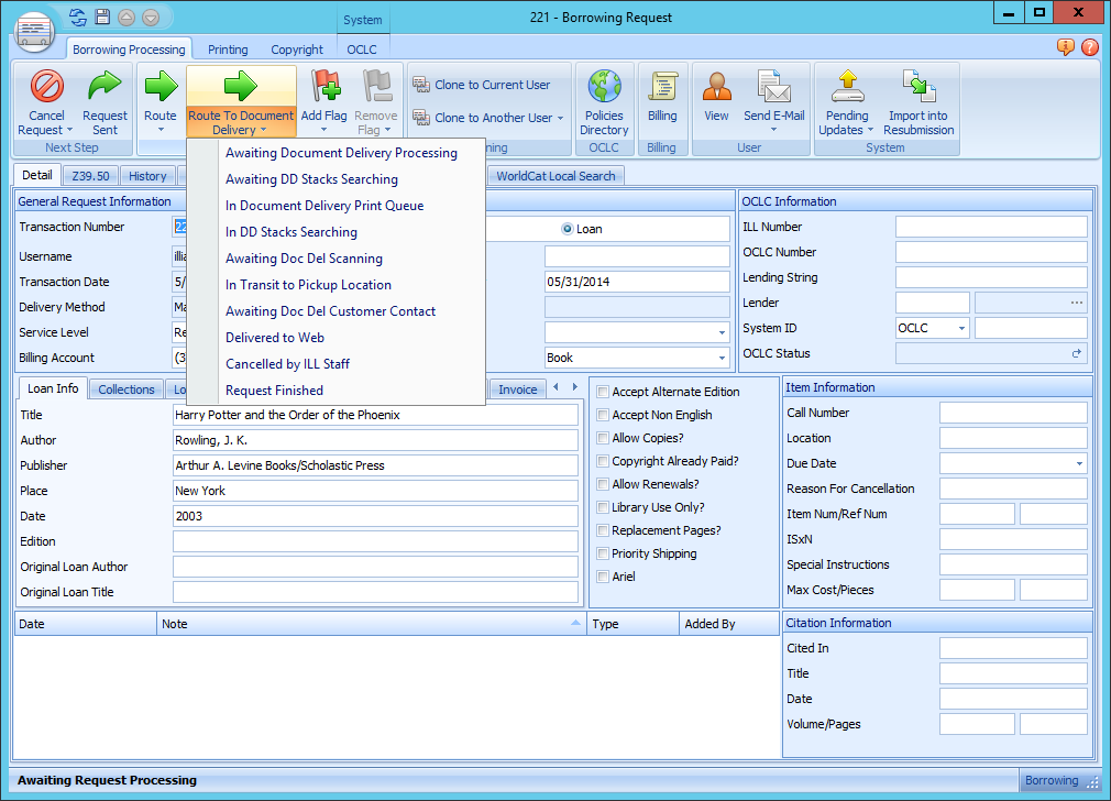 ILLiad Borrowing Request - Route To Document Delivery dropdown with queue options