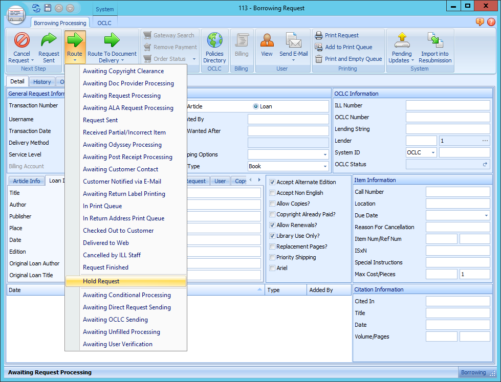 ILLiad Borrowing Request form - Route dropdown with Hold Request option highlighted
