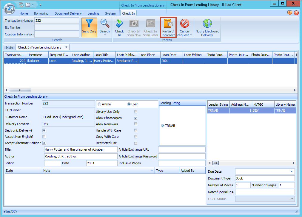 ILLiad Check In From Lending Library - Partial/Incorrect button highlighted
