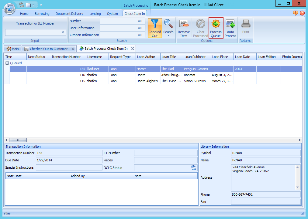 ILLiad Client - Batch Process Check Item In form with queued items and Process Queue button