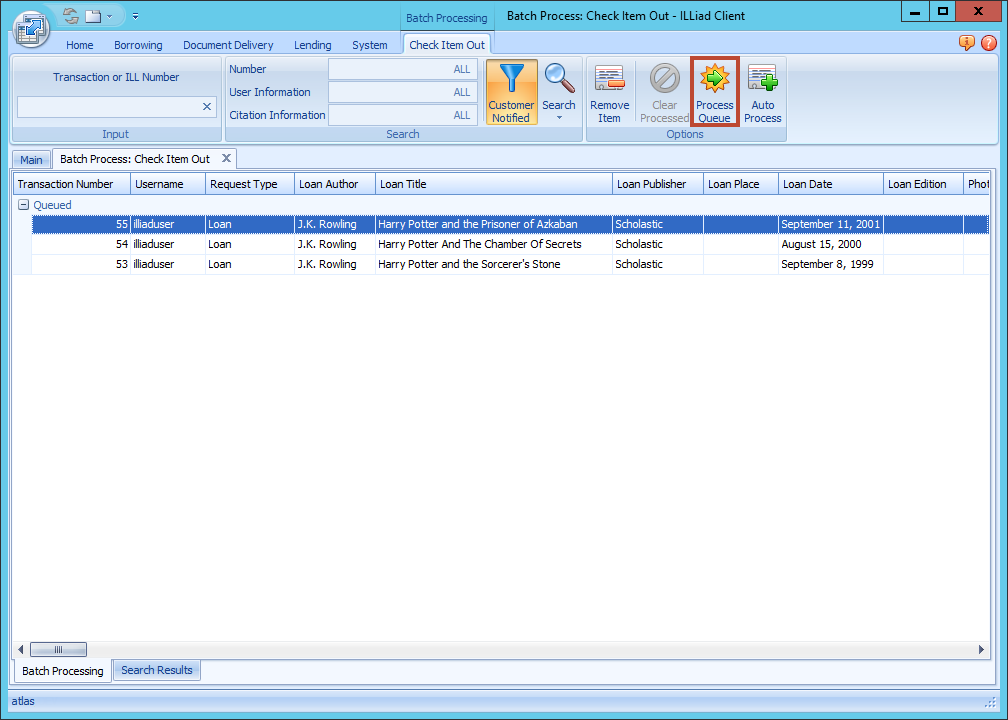 ILLiad Client - Batch Process Check Item Out form with queued items and Process Queue button