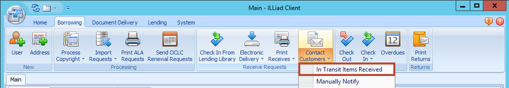 ILLiad Client - Batch Process In Transit Items form with queued item