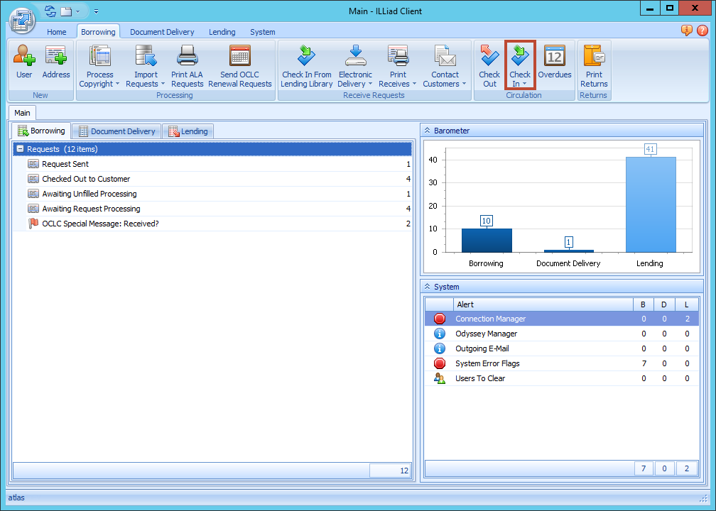 ILLiad Client - Borrowing ribbon with Check In button highlighted