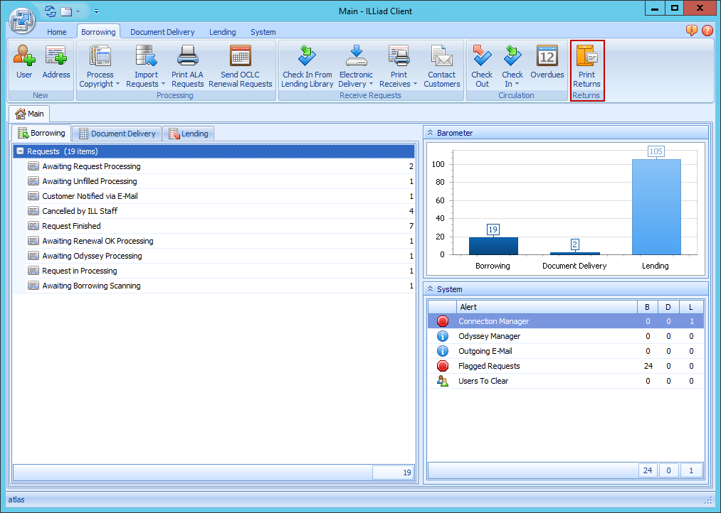 ILLiad Client - Borrowing ribbon with Print Returns button highlighted