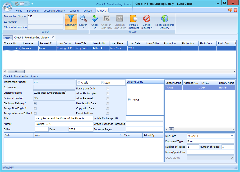 ILLiad Client - Check In From Lending Library screen with search results and check-in options