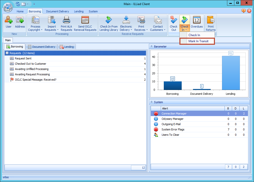 ILLiad Client - Check In dropdown with Mark In Transit option highlighted
