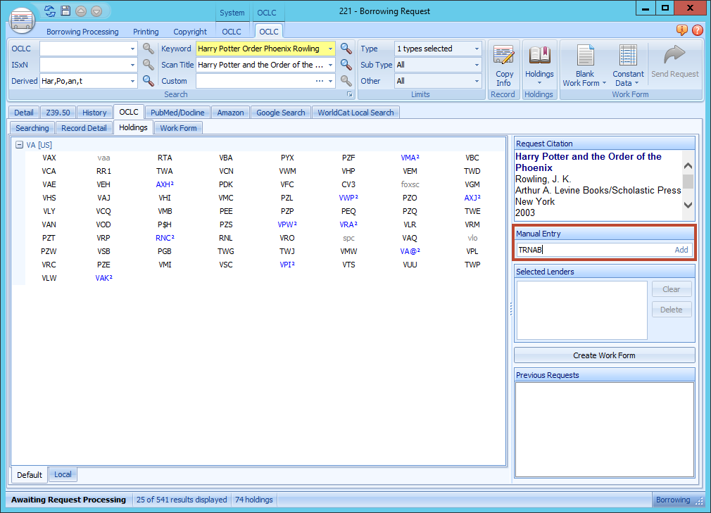 ILLiad Holdings tab - Manual Entry field with lender symbol entry