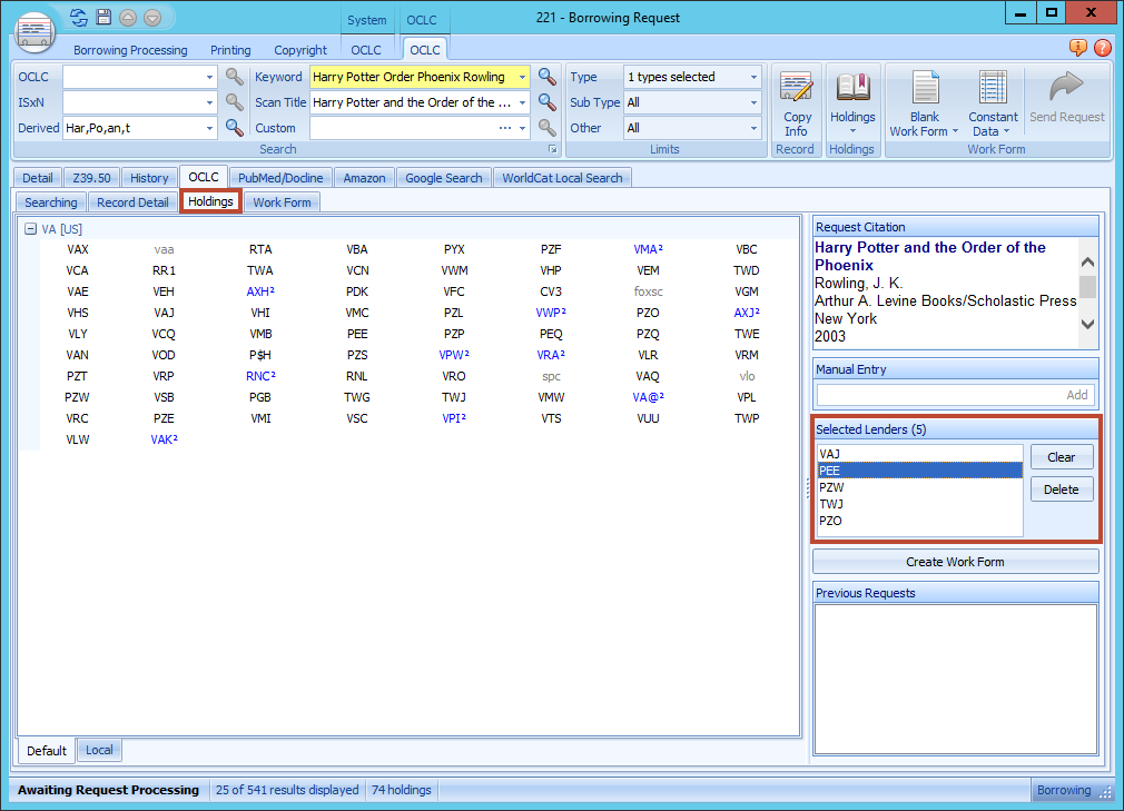 ILLiad Holdings tab - Selected Lenders list with 5 lenders and Clear/Delete buttons