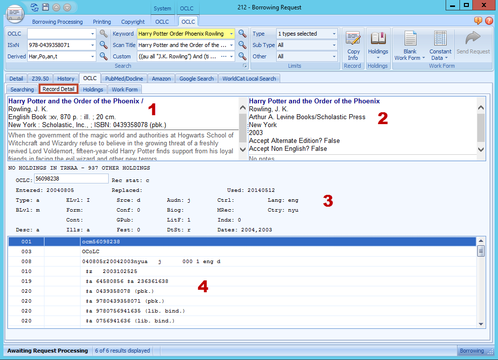 ILLiad OCLC Record Detail tab showing WorldCat citation, ILLiad citation, Fixed Fields, and MARC record