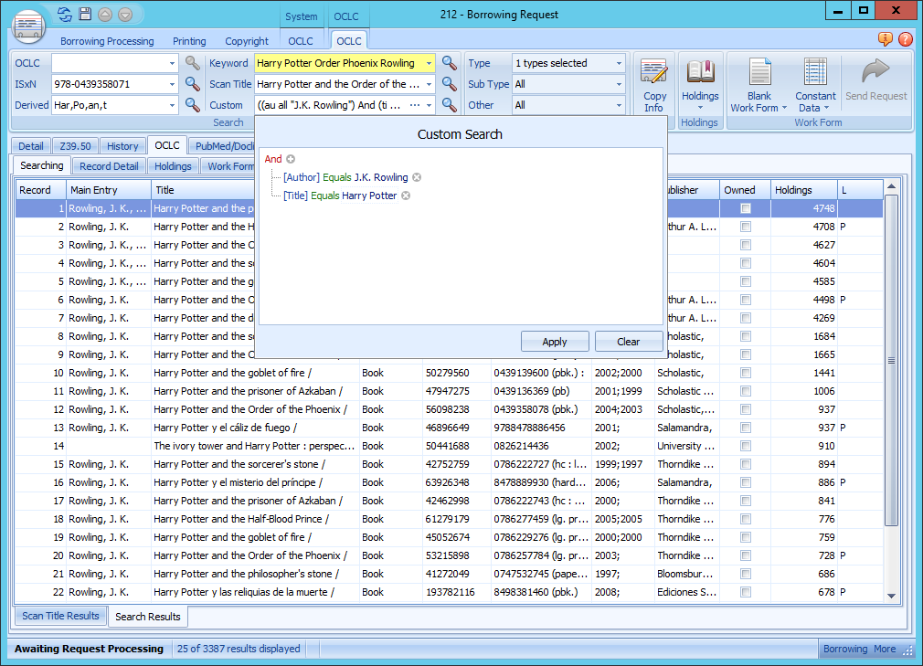 ILLiad OCLC Search - Custom Search dialog with Author and Title conditions