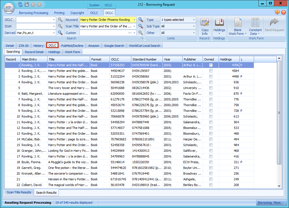 ILLiad OCLC Search - Results grid with search results