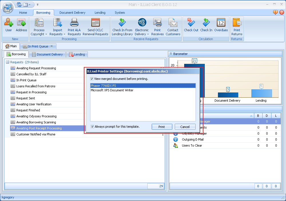 ILLiad Printer Settings dialog for BorrowingLoanLabels.doc with printer selection