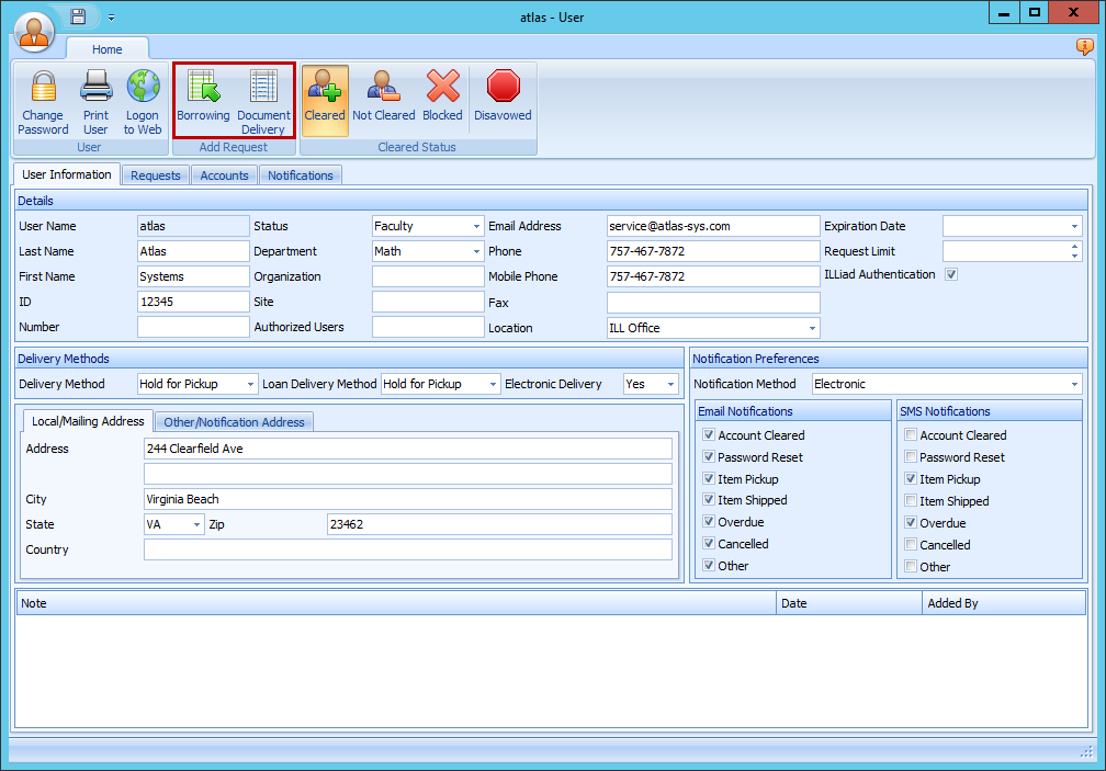 ILLiad User form - Add Request group with Borrowing and Document Delivery buttons highlighted