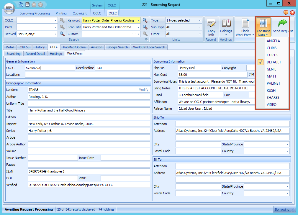 ILLiad Work Form tab with Constant Data dropdown showing available data sets