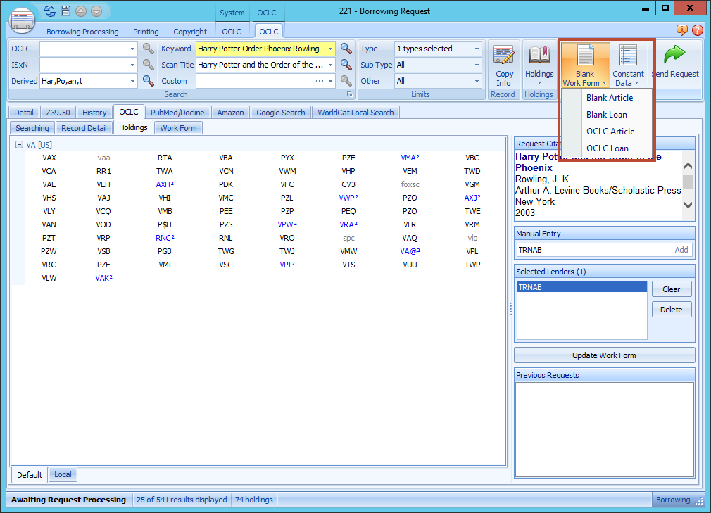 OCLC ribbon - Blank Work Form dropdown menu with form type options