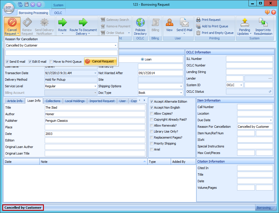 Borrowing Request - Cancel Request button with Reason for Cancellation dropdown