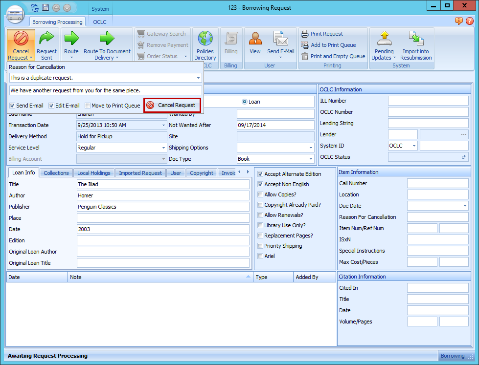 Borrowing Request - Cancel Request form with reason dropdown and email options
