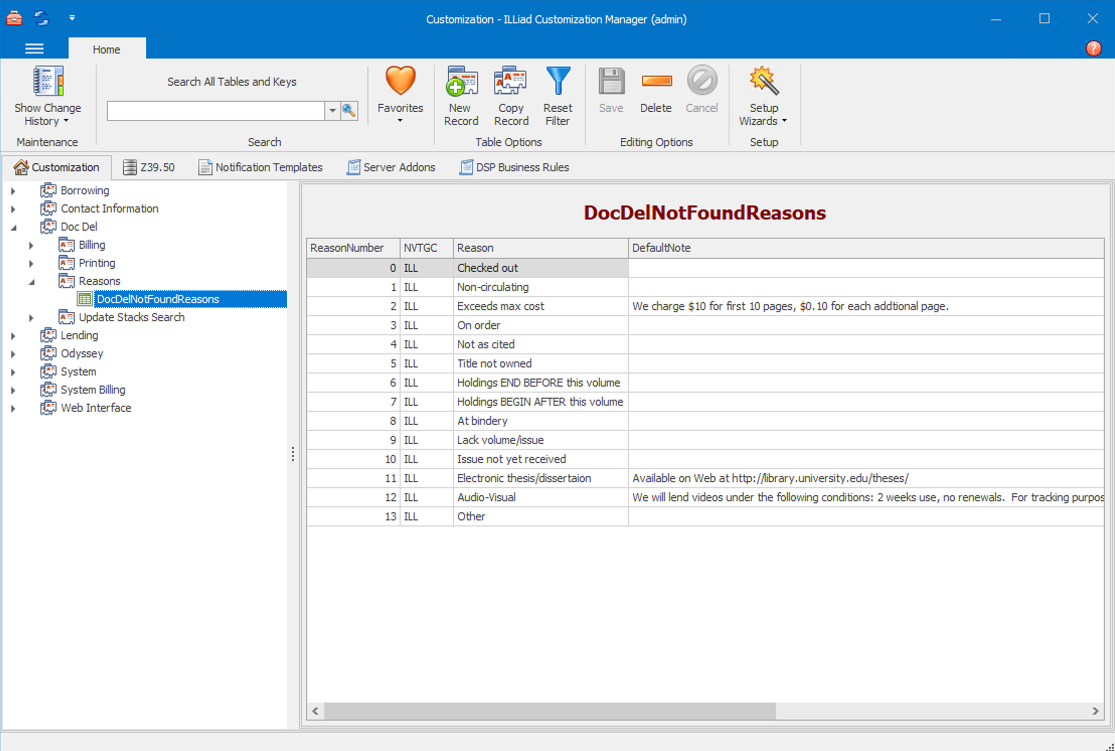 Customization Manager - DocDelNotFoundReasons table